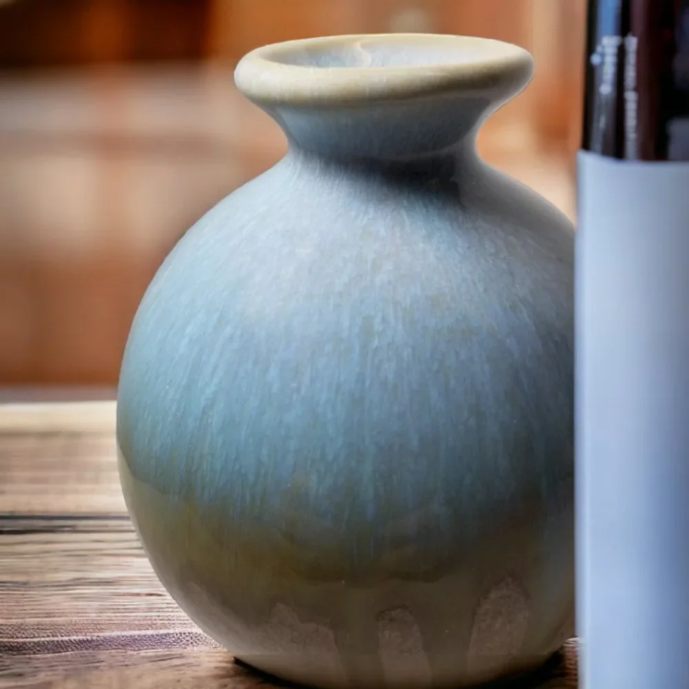 Vintage Studio Pottery Bud Vase Crystalline Glaze Blue Green Round Ceramic Vase